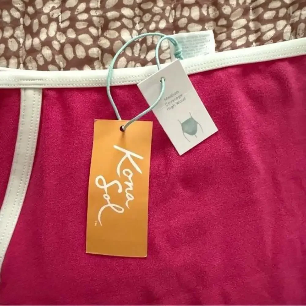 Kona Sol Pink High Waist Bikini Bottoms with White Trim NWT L‎